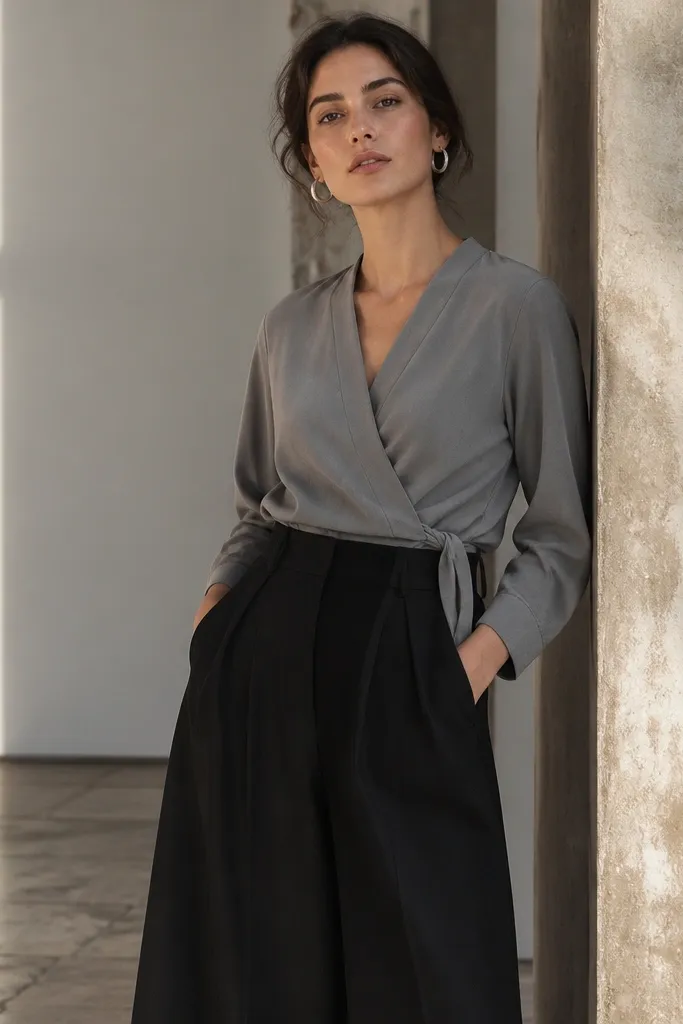 Grey wrap shirt with black culottes and silver hoop earrings