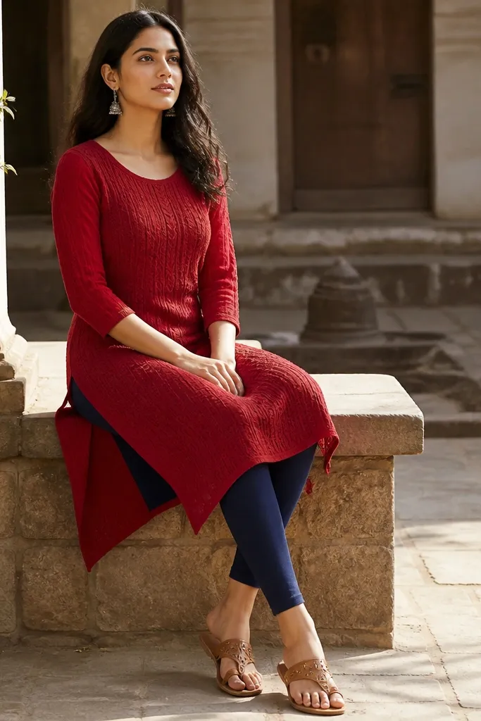 Red knit kurti with navy leggings and tan kolhapuri sandals