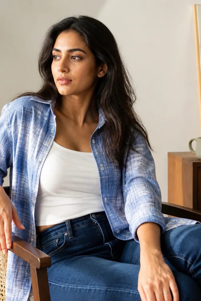 Blue check shirt over white camisole with indigo jeans