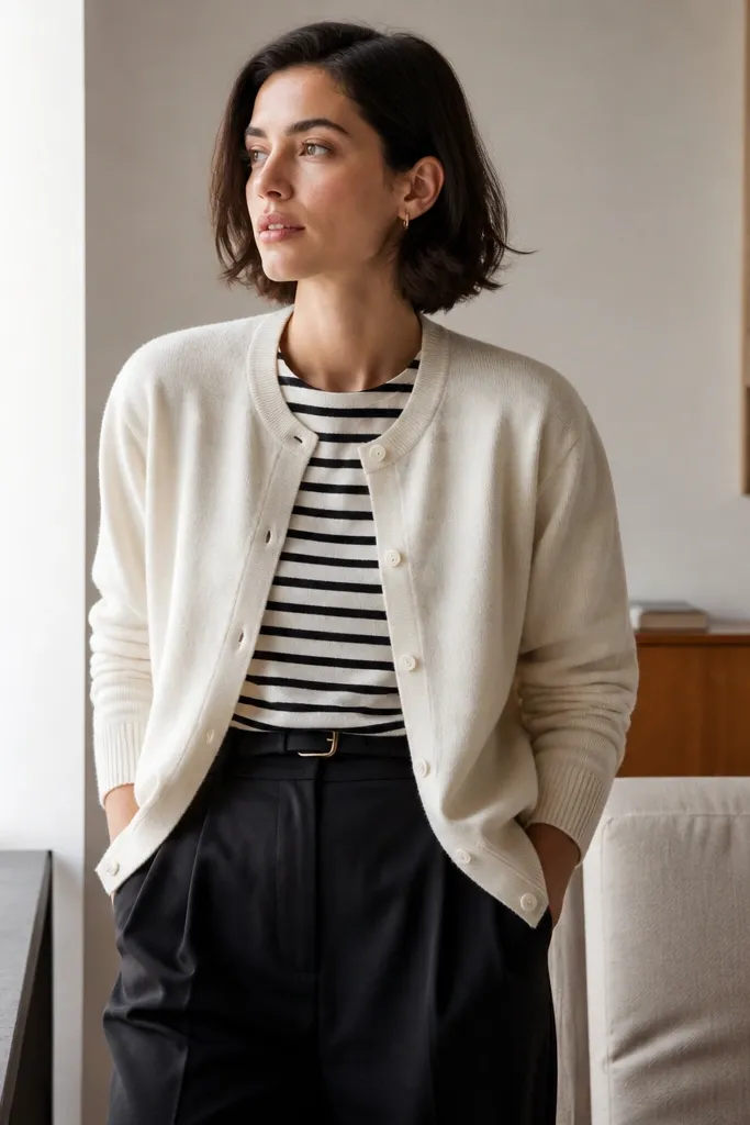 Ivory cardigan over striped top with black trousers
