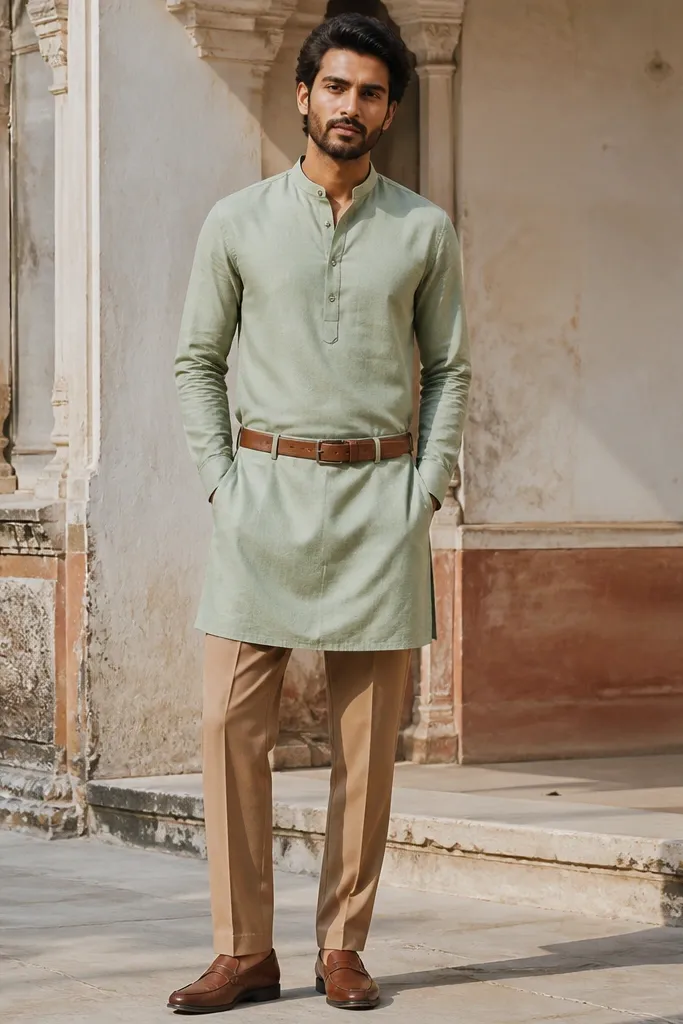 Sage green kurta with tan straight pants and tan belt