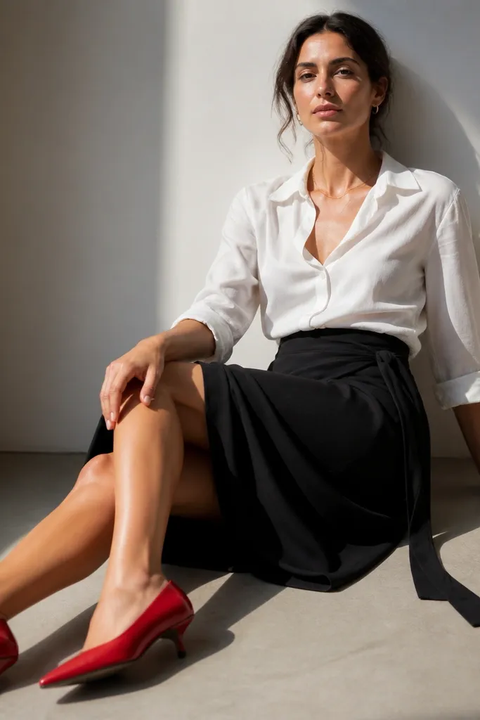 Black wrap skirt with white blouse and red kitten heels