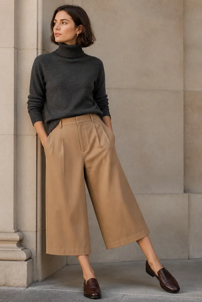 Charcoal turtleneck sweater with camel culottes and loafers