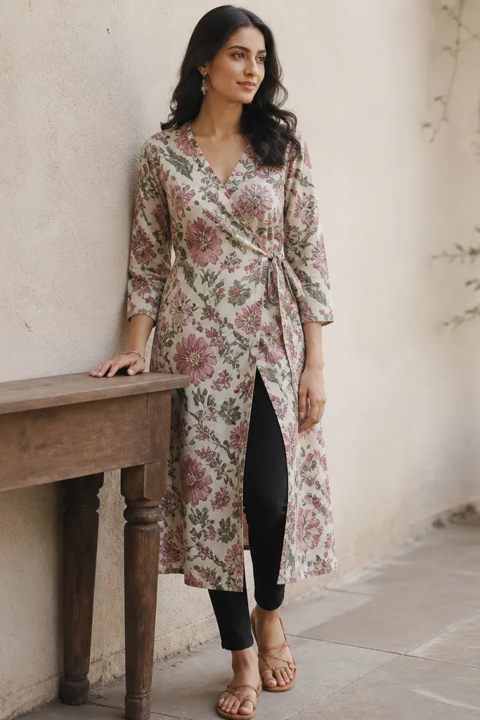 Printed wrap kurti with black skinny pants and tan sandals