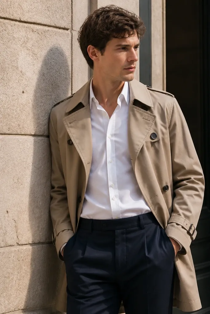 Beige trench coat over white shirt with navy trousers