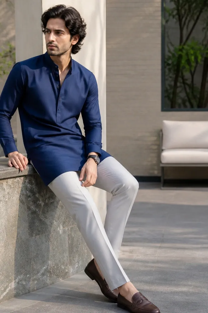 Indigo kurta shirt with light grey cigarette pants and loafers
