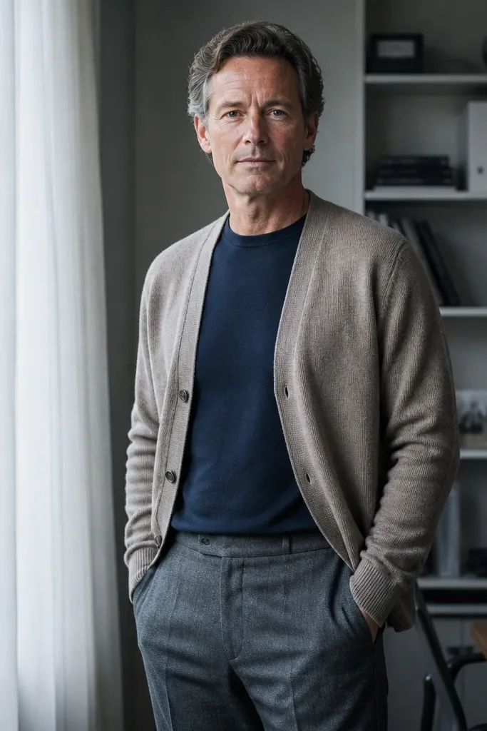 Oat light brown cardigan over a navy crewneck with gray wool trousers and dark loafers