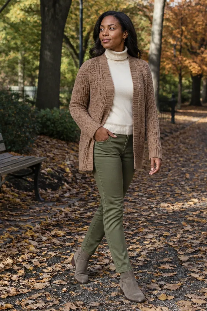 Light brown cardigan over a cream turtleneck with olive chinos and tan suede boots