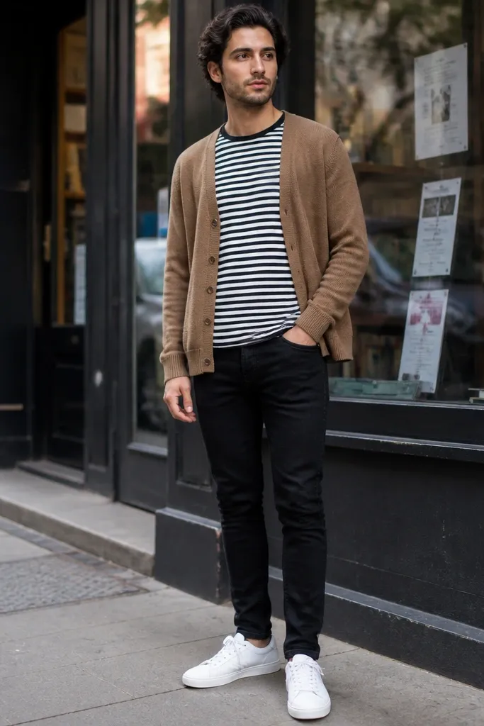 Light brown cardigan over a black-and-white striped tee with black skinny jeans and white sneakers