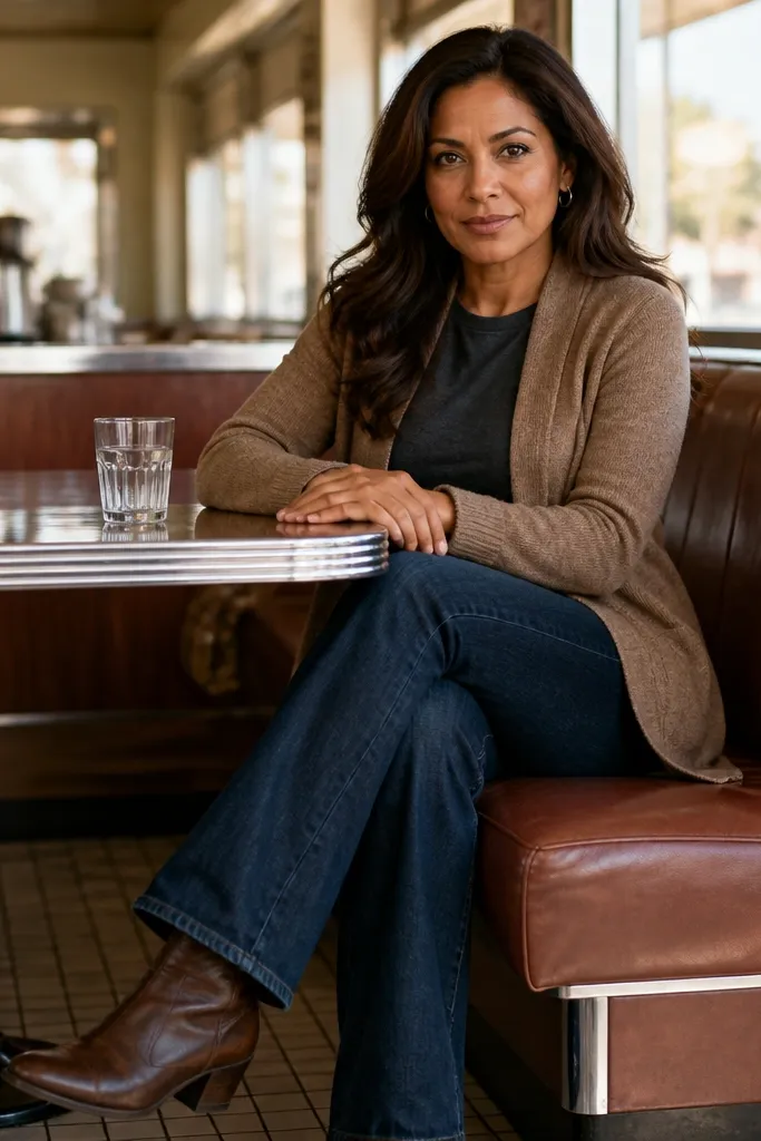Light brown cardigan over a charcoal crewneck with dark blue bootcut jeans and brown leather boots