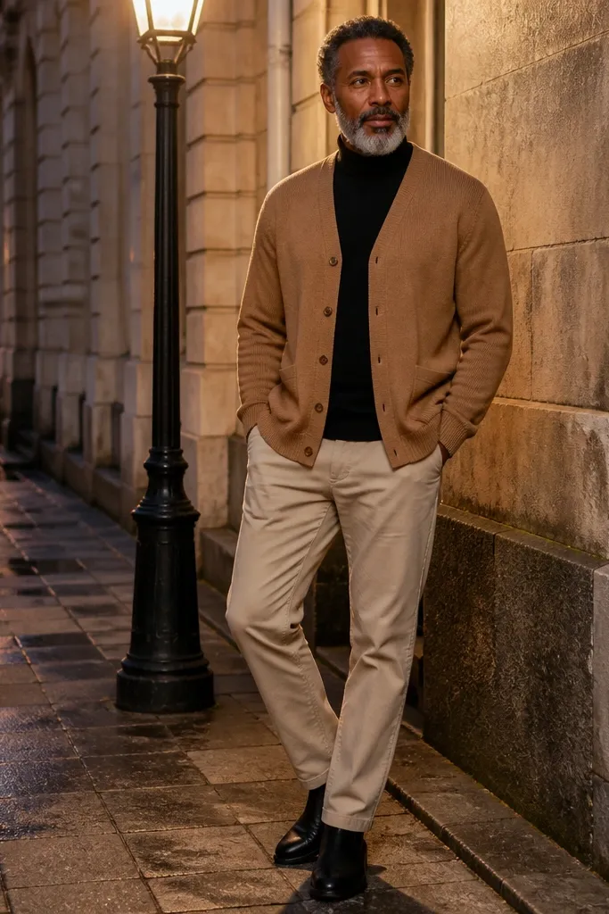 Light brown cardigan over a black turtleneck with beige trousers and black Chelsea boots