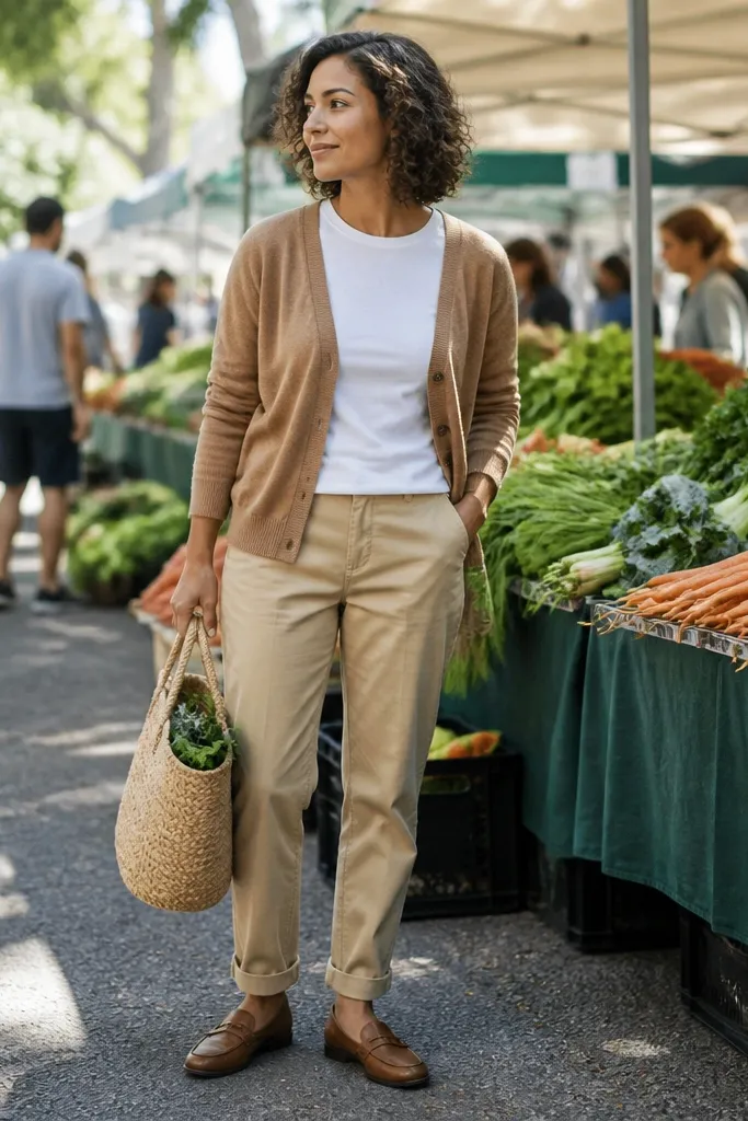Light brown cardigan over a white tee with khaki chinos and brown loafers