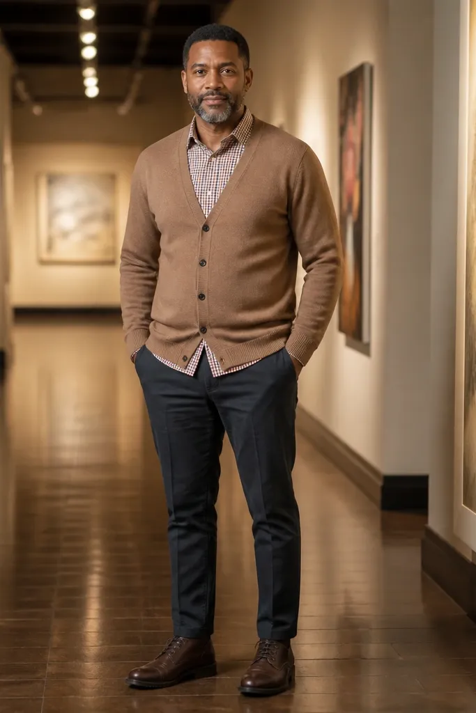 Light brown cardigan over a small-pattern button-up with dark trousers and espresso boots