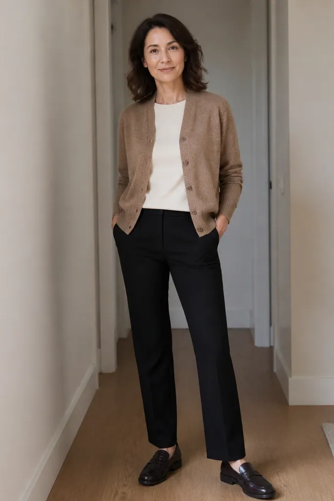 Light brown cardigan over a cream crew tee with black straight-leg pants and dark loafers