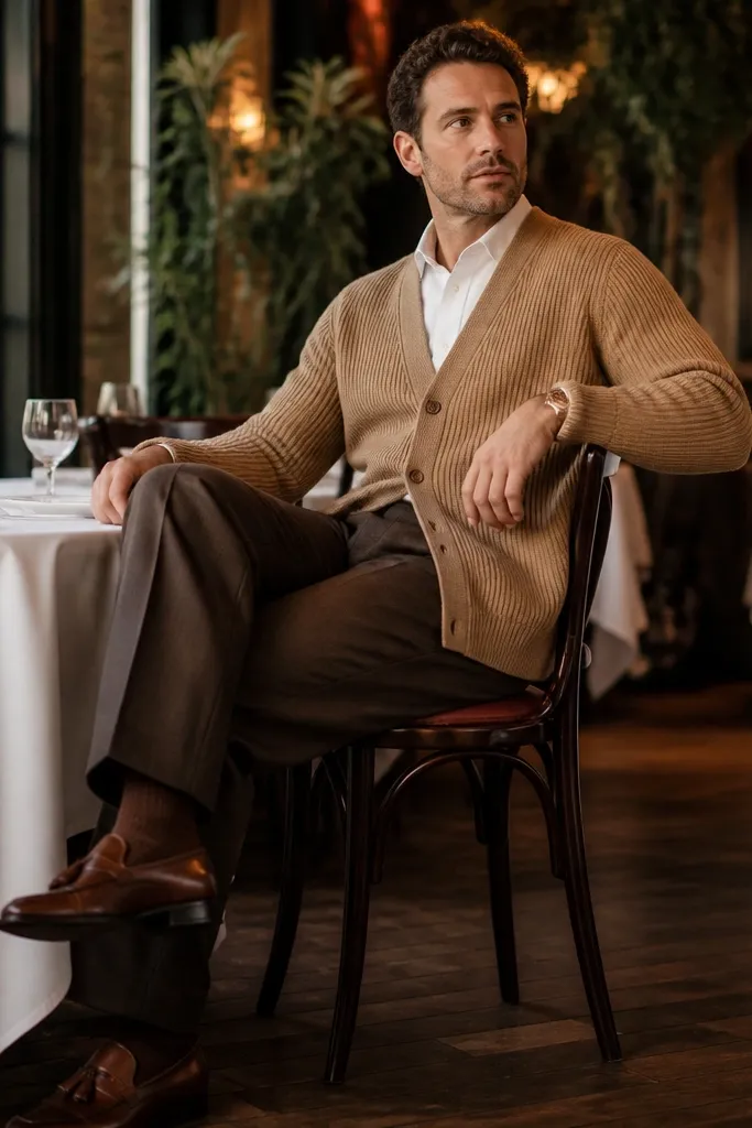 Light brown cardigan over a white shirt with brown pleated trousers and tassel loafers