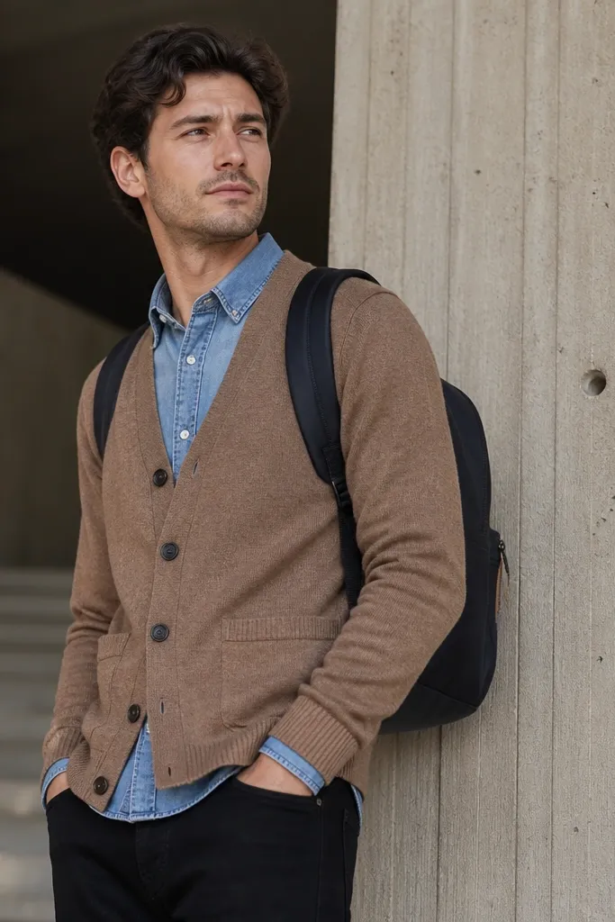 Light brown cardigan over a chambray shirt with black jeans and dark minimal backpack