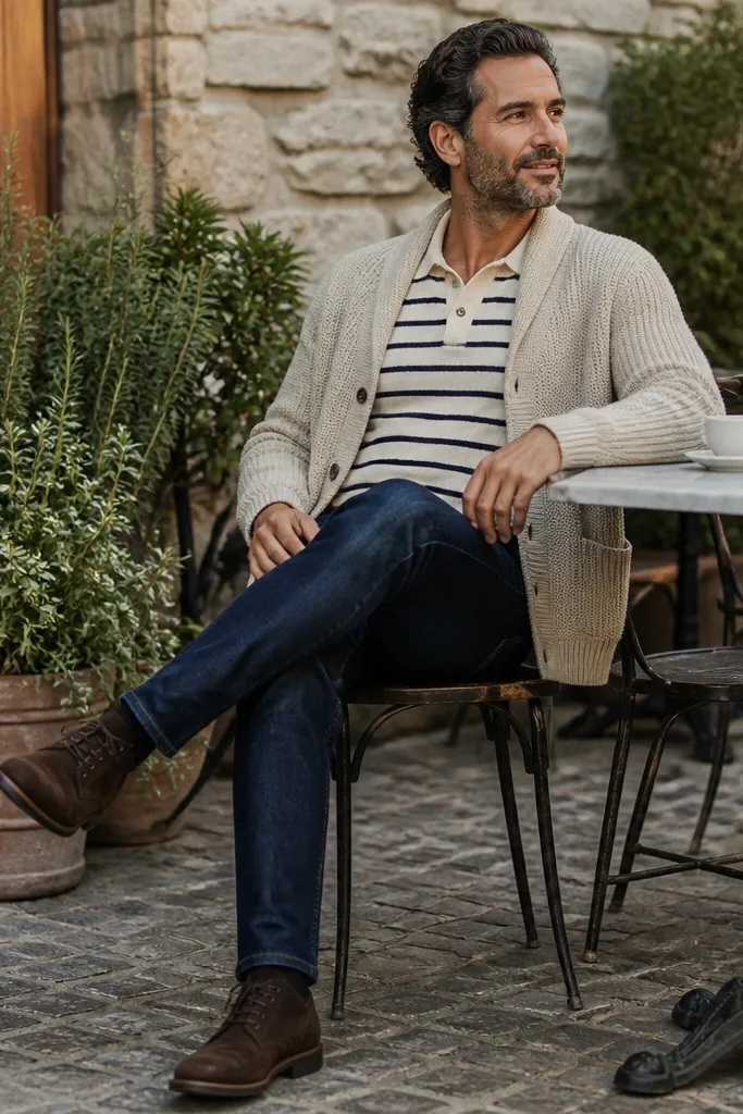 Oat cardigan over a striped knit polo with dark wash jeans and tan suede chukkas