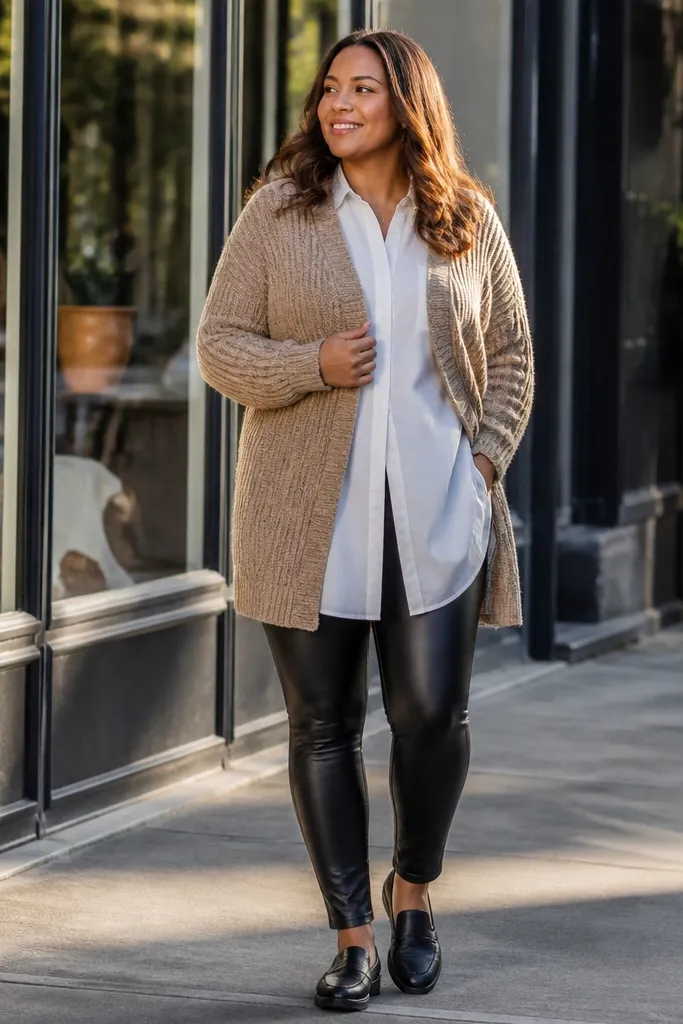 Light brown cardigan over a long overshirt with black leather-look leggings and ankle boots