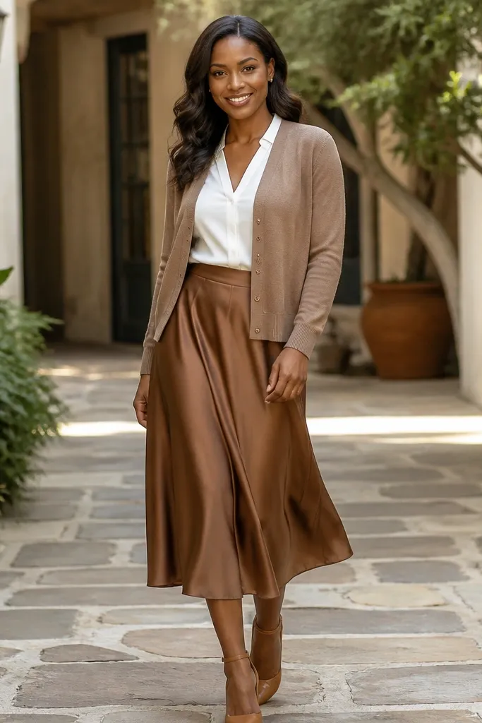 Light brown cardigan over a white blouse with a caramel midi skirt and nude heels