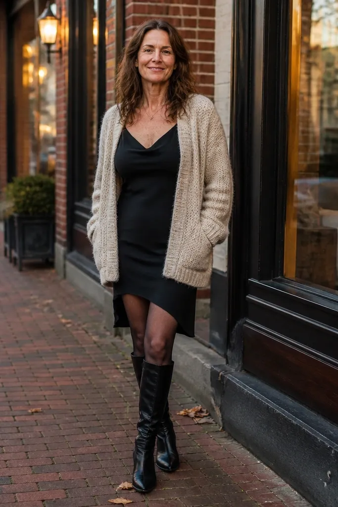 Oat cardigan over a black slip dress with sheer tights and knee-high boots
