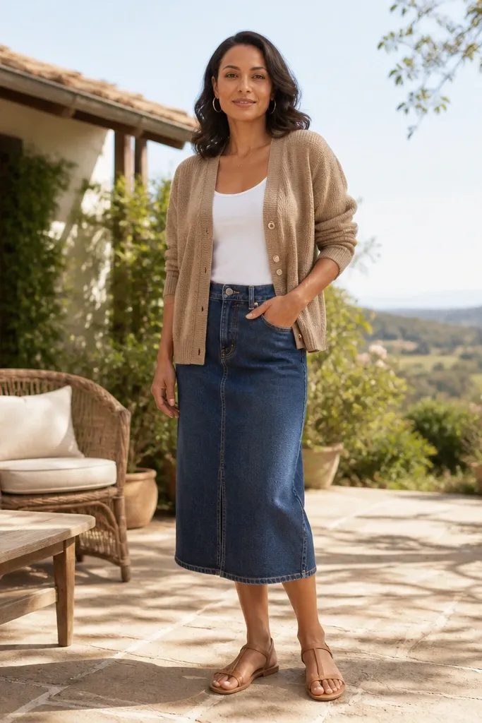 Light brown cardigan over a white tank with a denim midi skirt and tan sandals