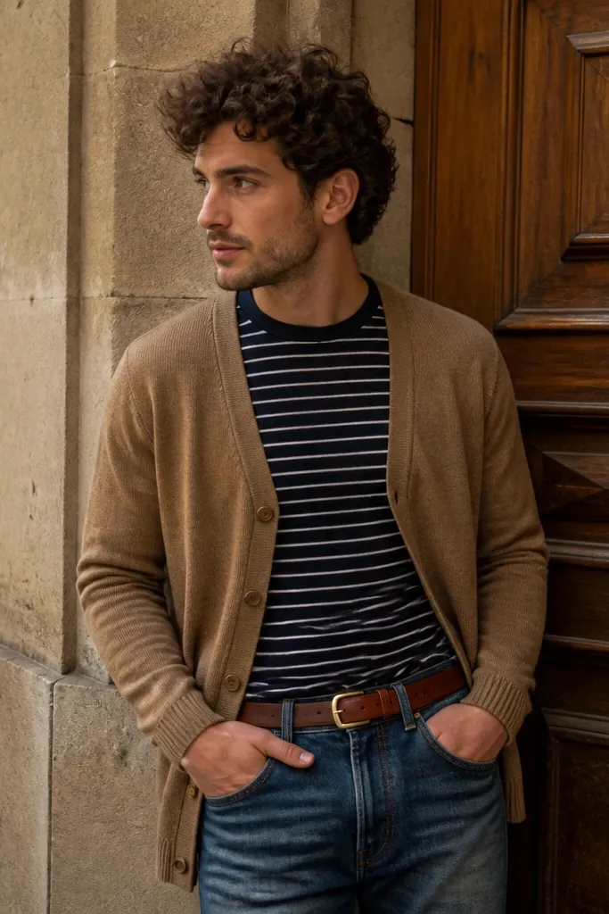 Light brown cardigan over navy striped shirt with vintage jeans and cognac belt