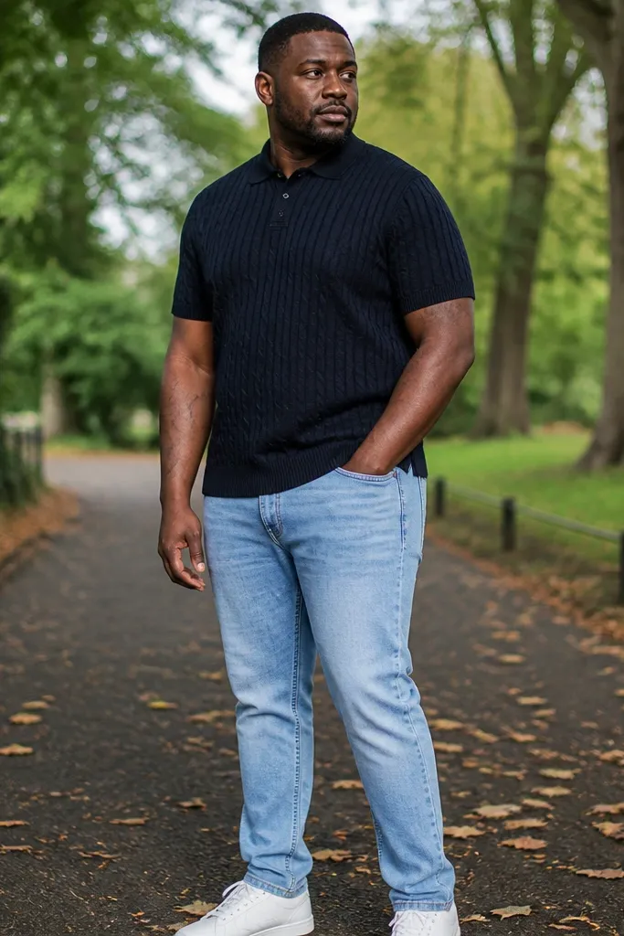 Medium light blue jeans with a navy polo and white sneakers