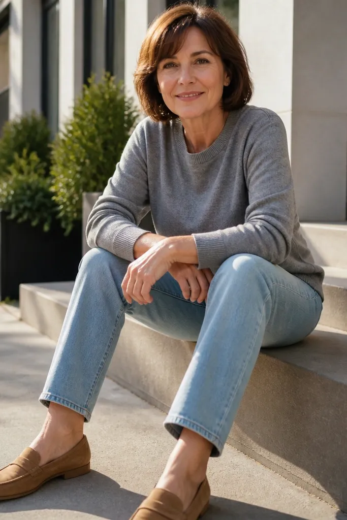 Light blue jeans with a heather gray sweater and tan suede loafers
