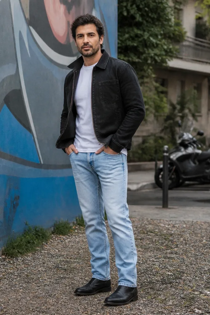 Light blue jeans with a black denim jacket and a white t-shirt