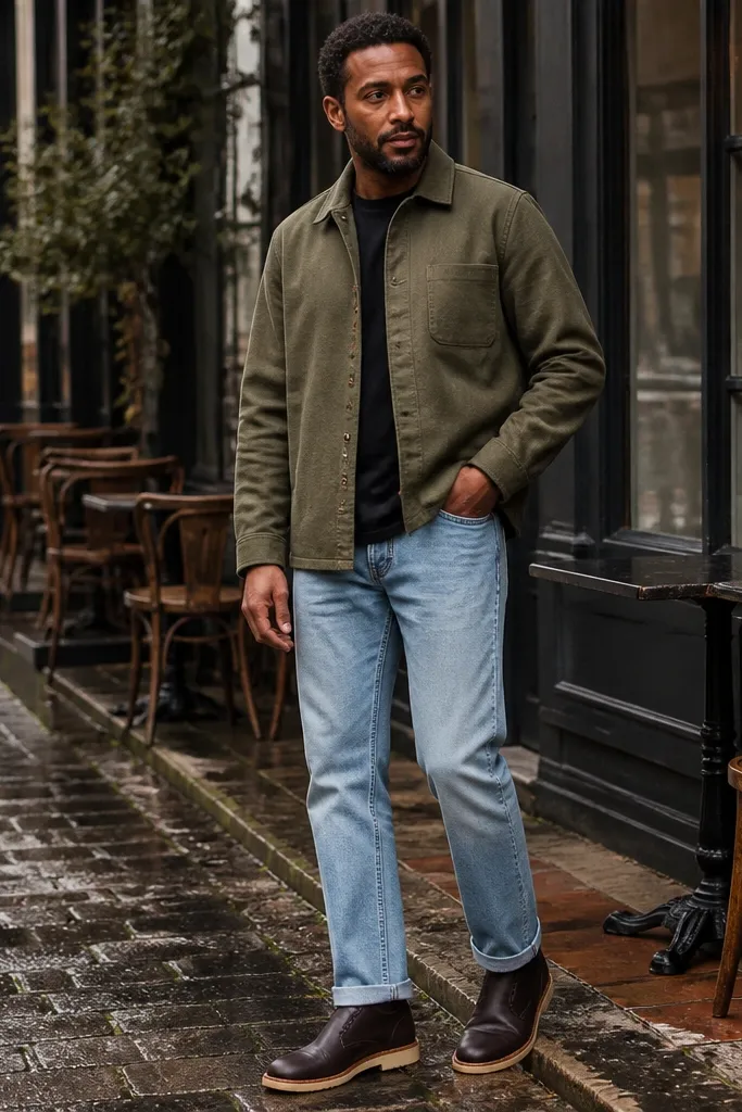 Medium light blue jeans with an olive overshirt and brown chukka boots