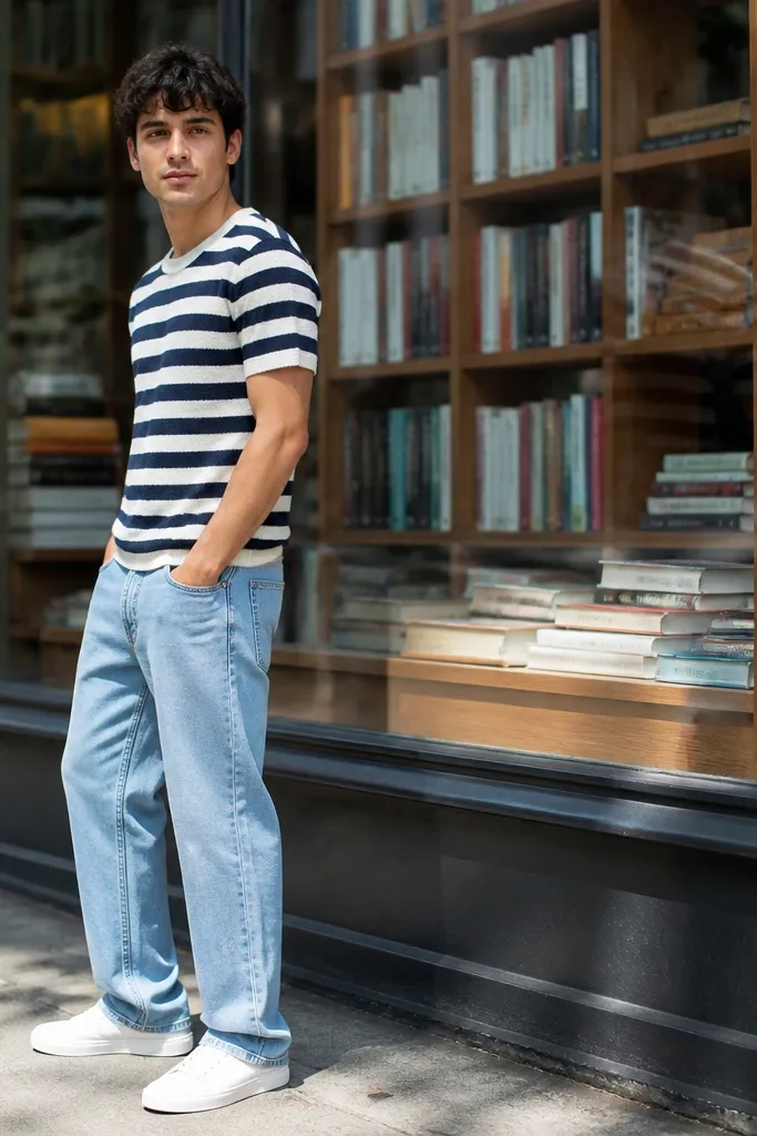 Light blue jeans with a navy and white striped tee and white low-top sneakers