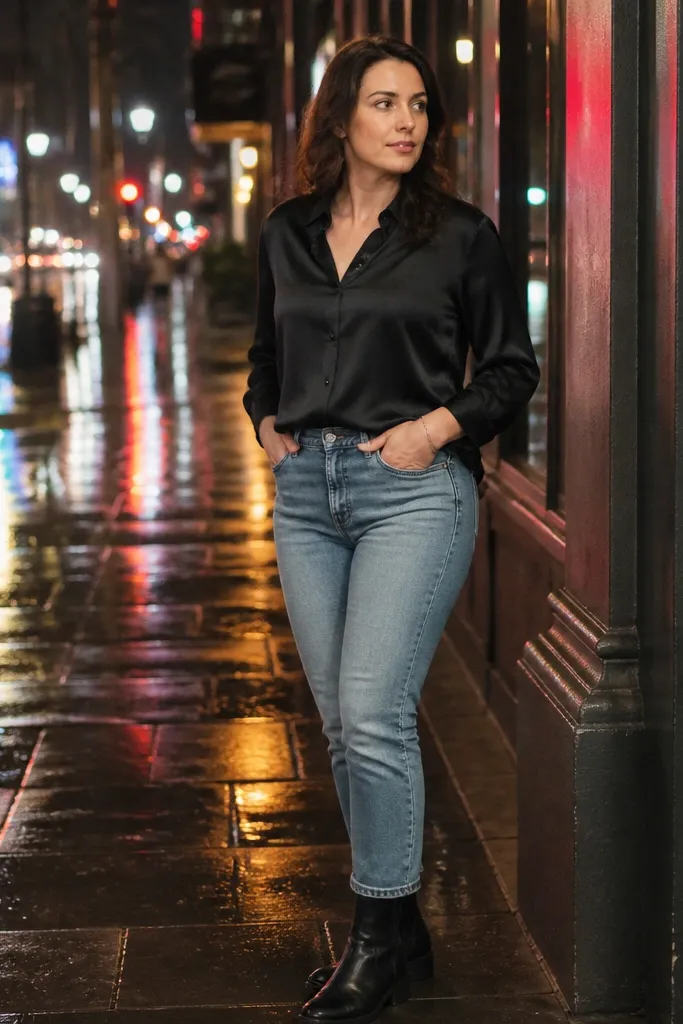 Medium light blue jeans with a black button shirt and black Chelsea boots