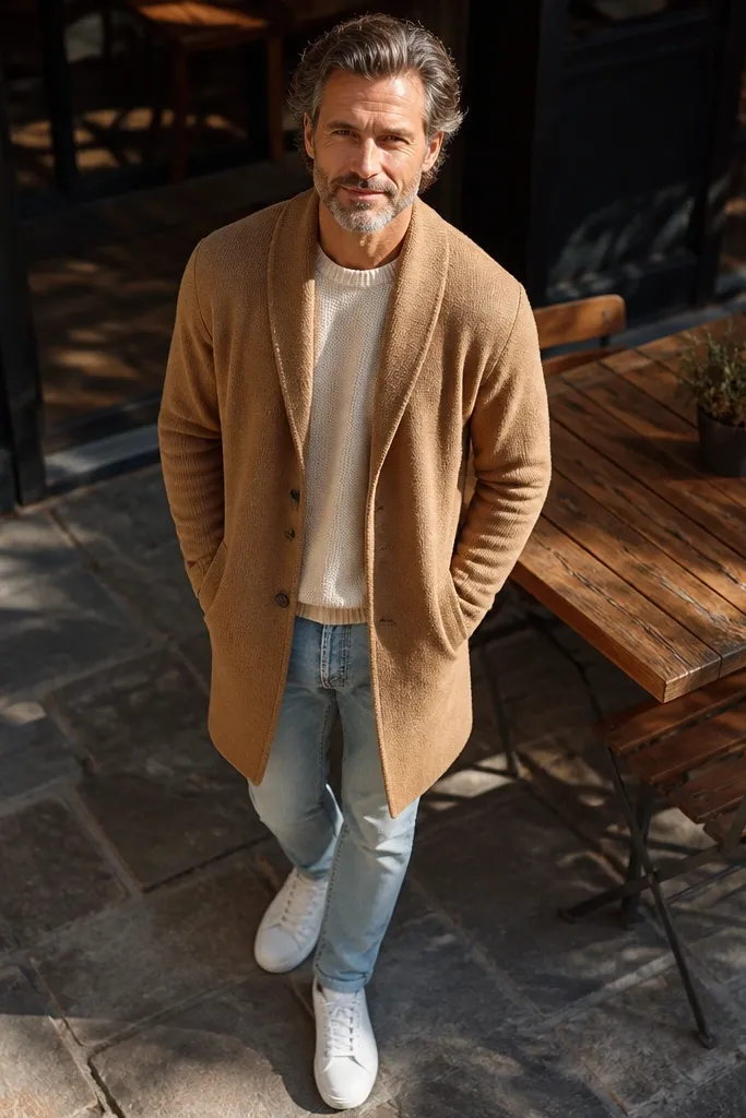 Light blue jeans with a camel coatigan and white sneakers