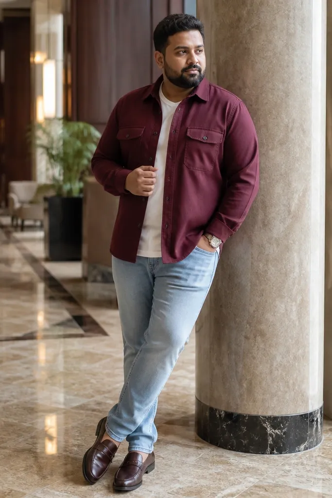 Medium light blue jeans with a burgundy overshirt and brown loafers