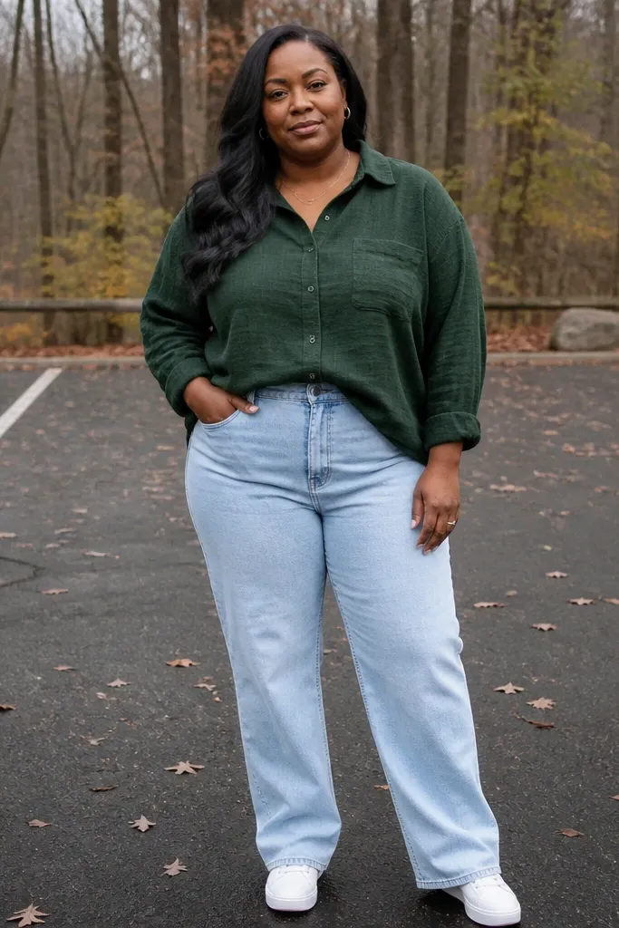 Icy light blue jeans with a forest green flannel and white sneakers