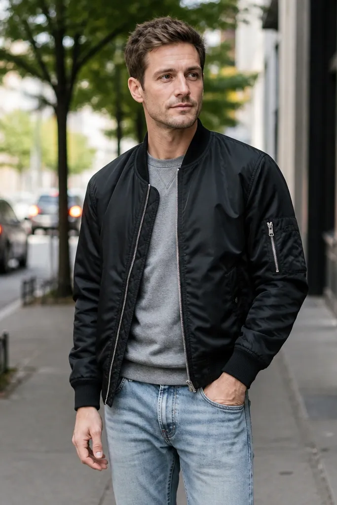 Light blue jeans with a black bomber jacket and a gray crewneck
