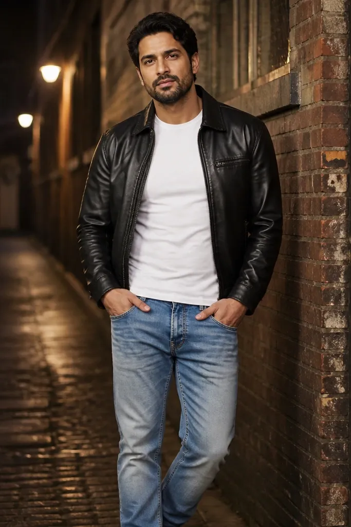 Medium light blue jeans with a white t-shirt and black leather jacket