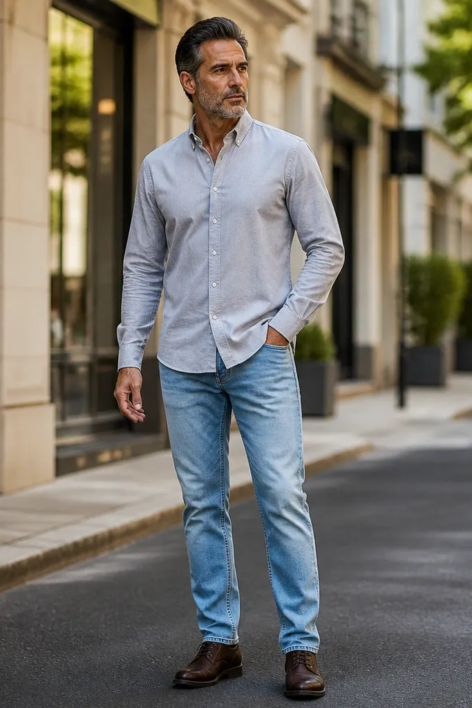 Light blue jeans with a light gray oxford shirt and dark brown derby shoes