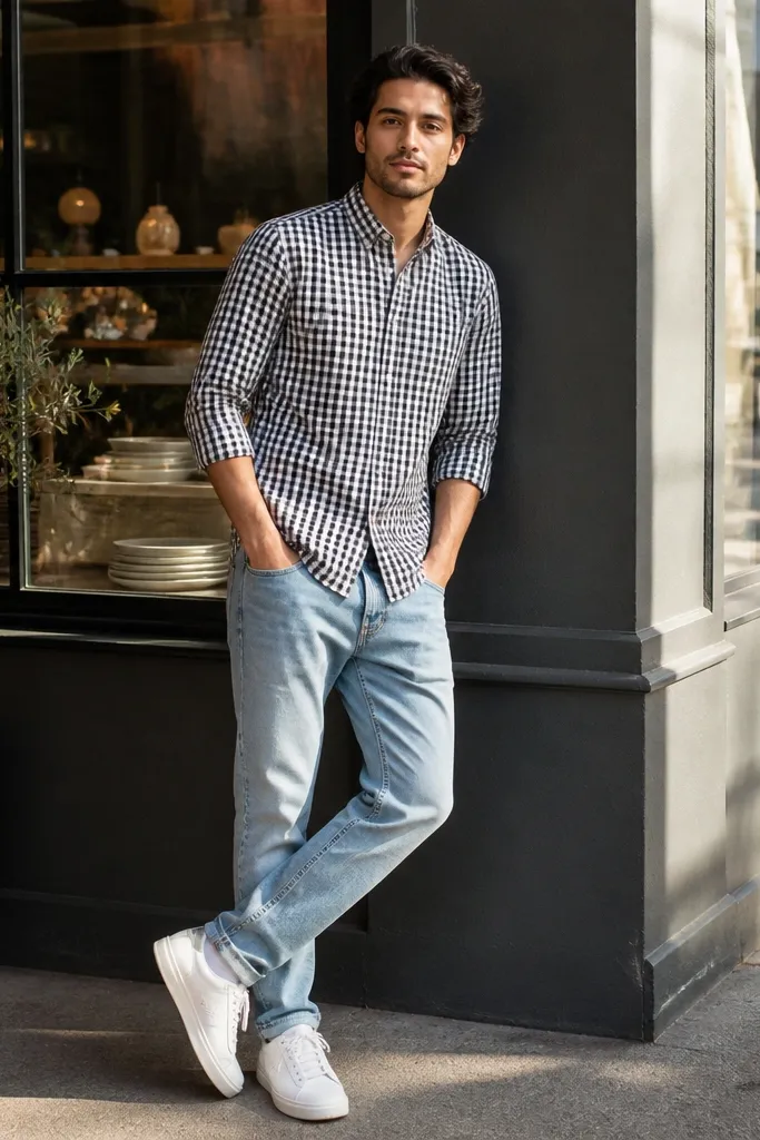 Medium light blue jeans with a black and white gingham shirt and white sneakers