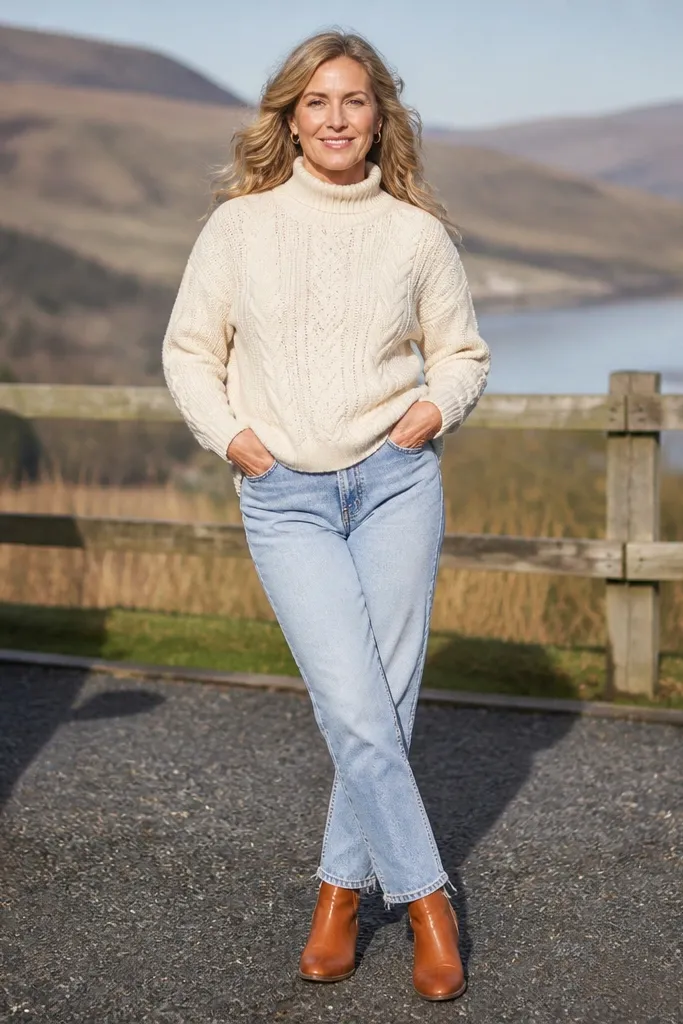 Light blue jeans with a cream knit sweater and cognac leather boots