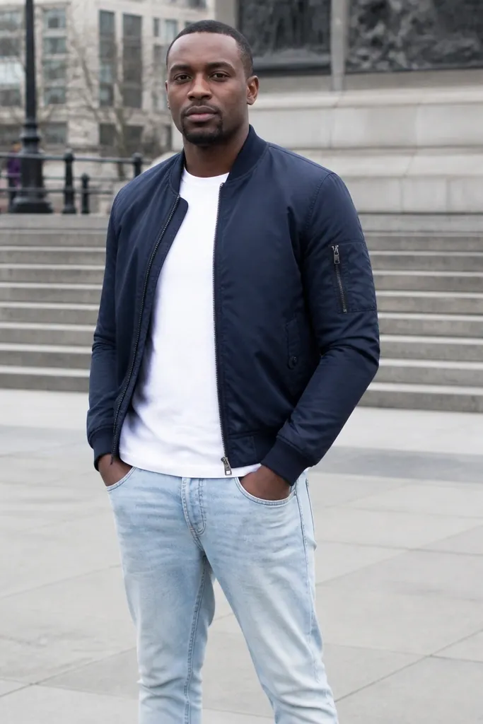 Medium light blue jeans with a white crewneck and navy bomber jacket