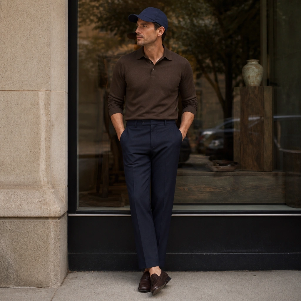 A man in a dark-brown polo with sleeves rolled to forearms, tucked into navy tailored trousers; brown loafers; navy baseball cap; standing in front of a storefront window.