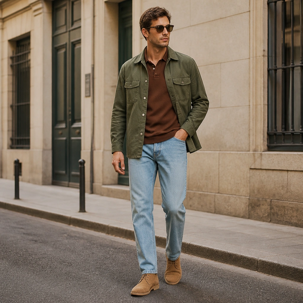 Man wearing a brown polo under an olive overshirt; light-wash straight jeans; tan desert boots; sunglasses; casual street setting.