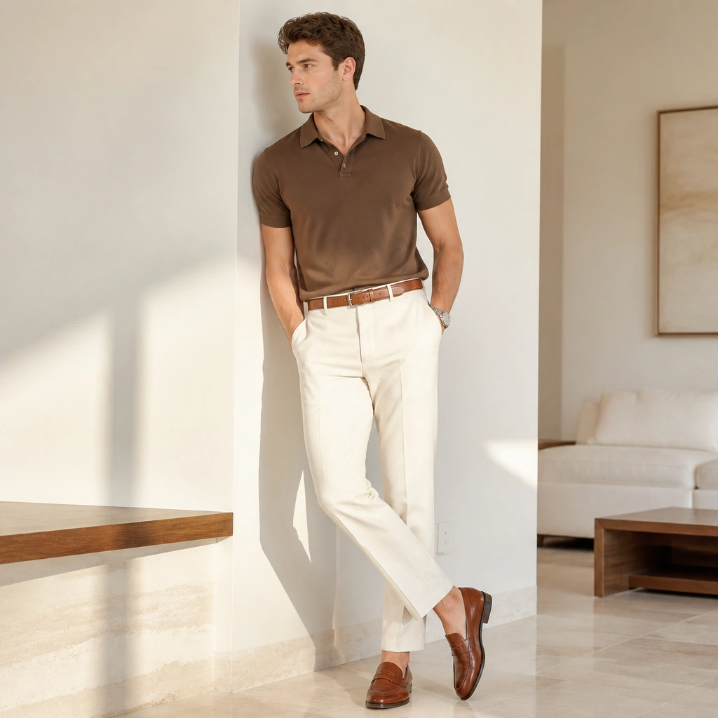 Brown polo tucked into cream chinos; cognac-brown loafers; thin belt; simple metal watch; bright indoor lighting with neutral walls.