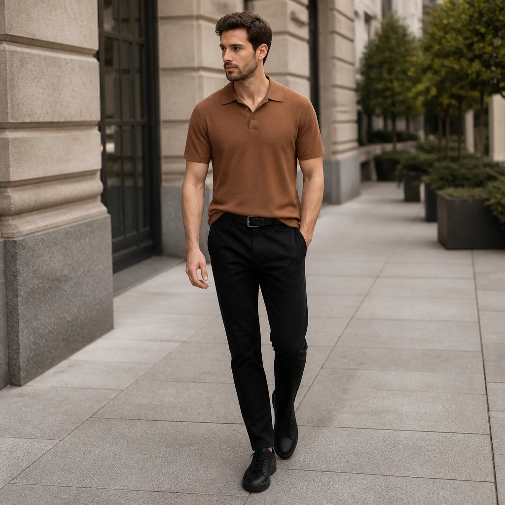 Man wearing a warm brown polo untucked over black chinos; black sneakers; black belt; clean city sidewalk background.