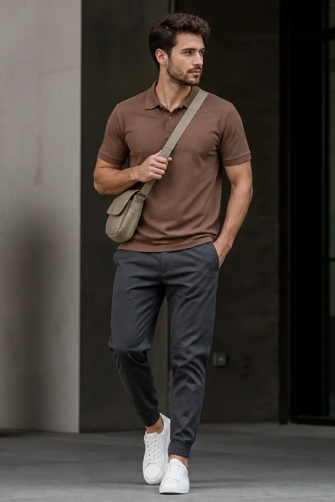 Man in a brown polo with a straight hem, paired with charcoal tapered joggers; white trainers; neutral crossbody bag; modern building entrance.