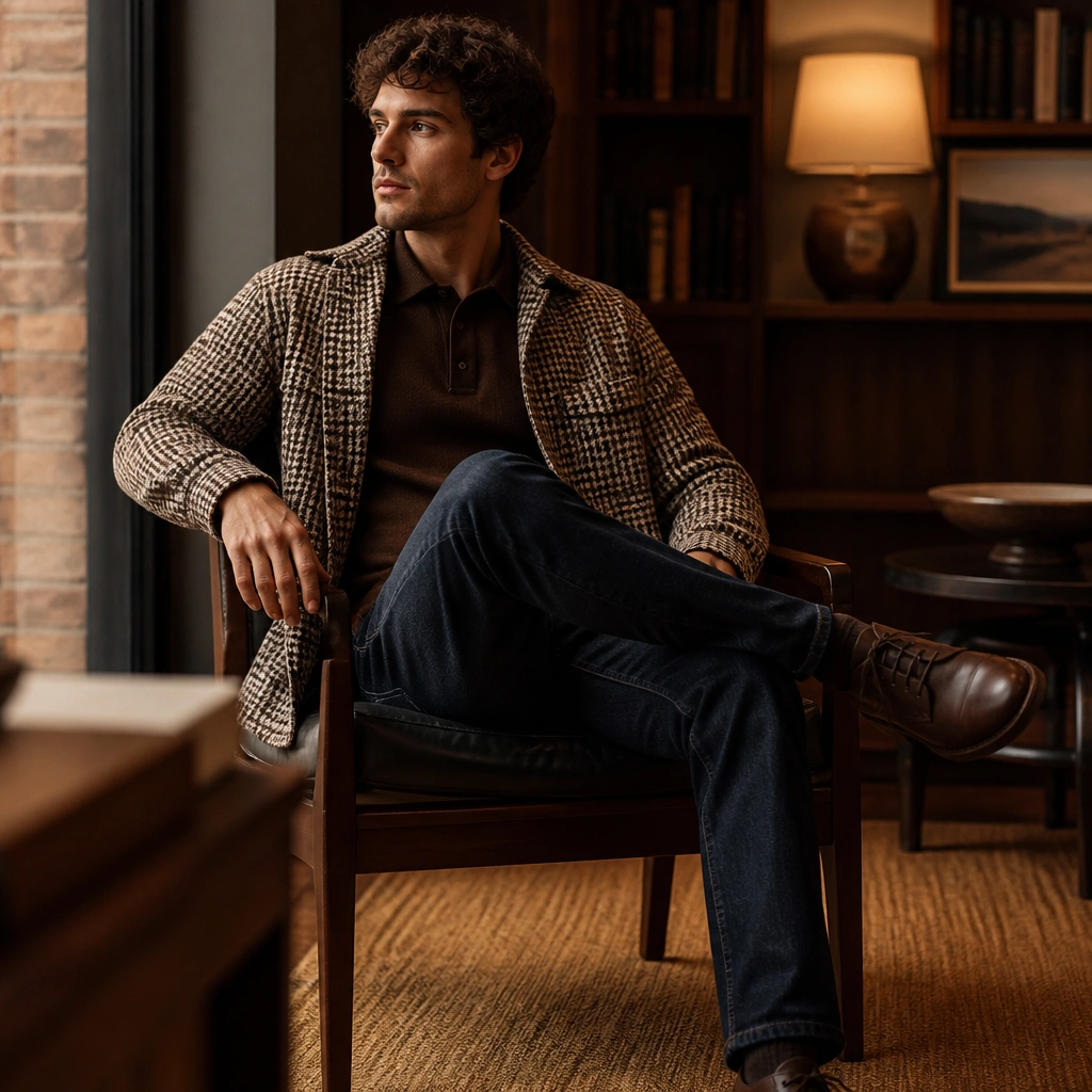 Brown polo layered under a brown-and-beige check overshirt; dark indigo jeans; brown leather lace-up shoes; indoor evening light.