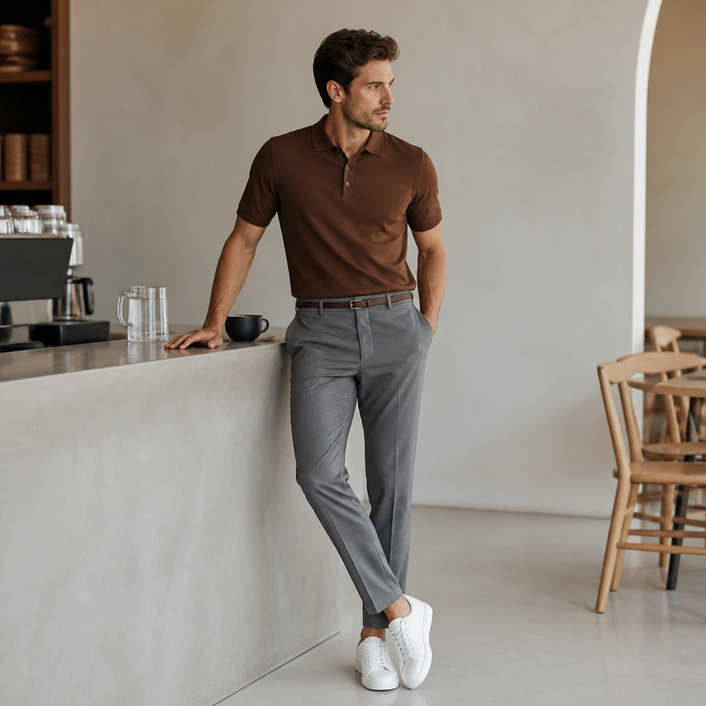 Man wearing a brown polo tucked into grey tailored trousers; white minimalist sneakers; thin brown belt; clean background like a cafe.
