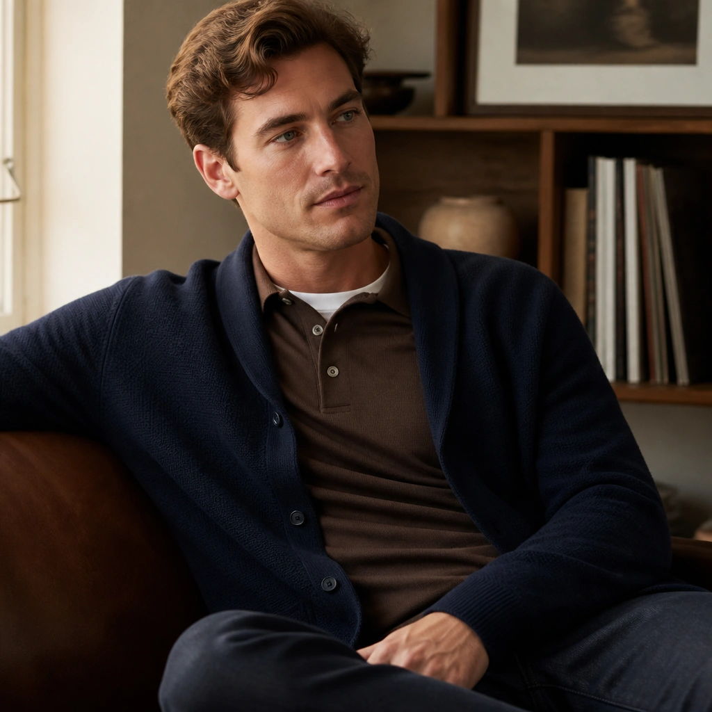 Brown polo layered under a navy cardigan; a sliver of white underneath at the collar; dark jeans; cozy indoor setting.