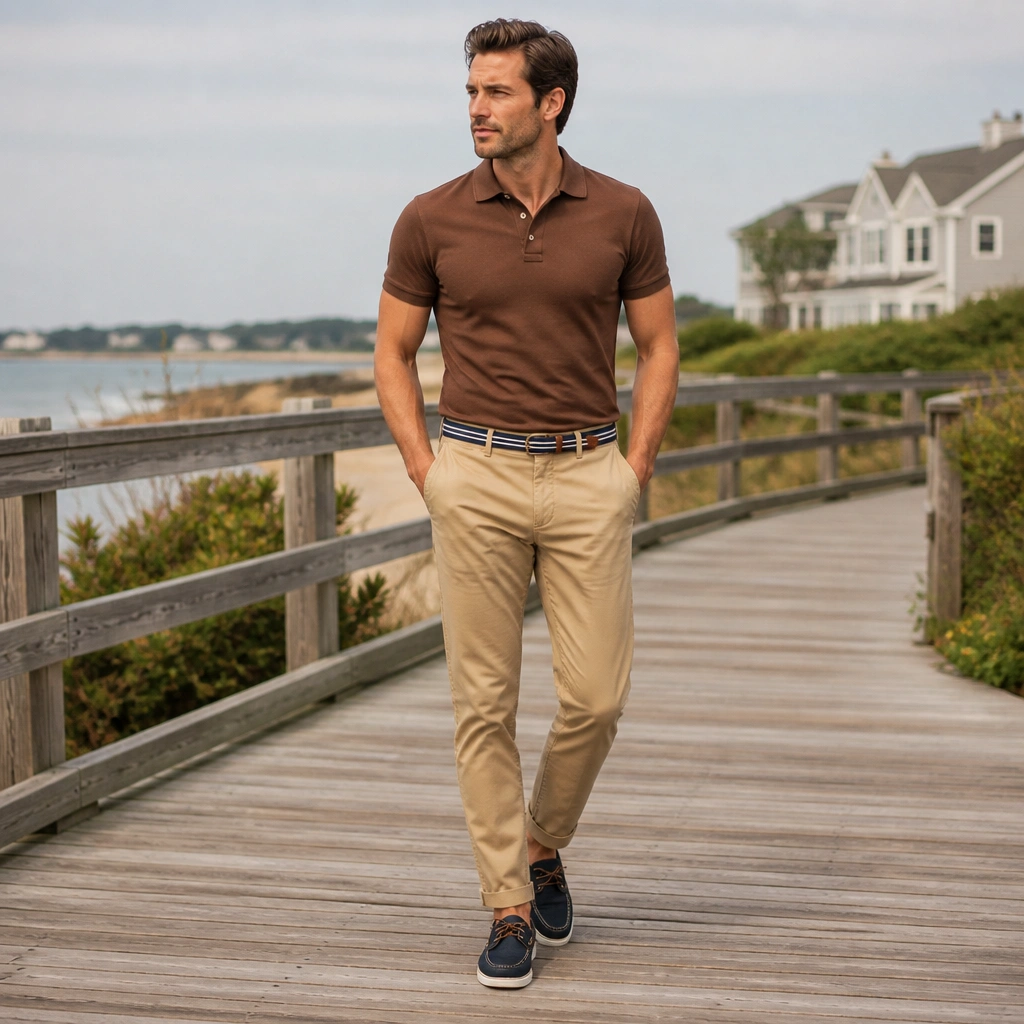 Brown polo tucked into tan chinos; navy boat shoes with white soles; striped belt; seaside boardwalk background.